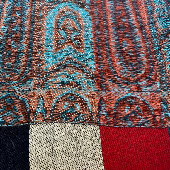 Pashmina Scarf Bold Stripes & Pattern Turquoise Red Navy Tan Gold Fringe EUC - Picture 4 of 7